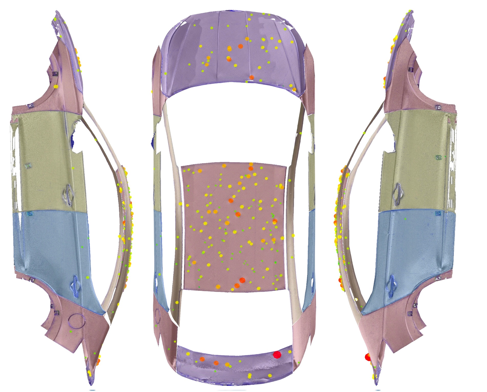 Hail damage scan result — color-coded dent map
